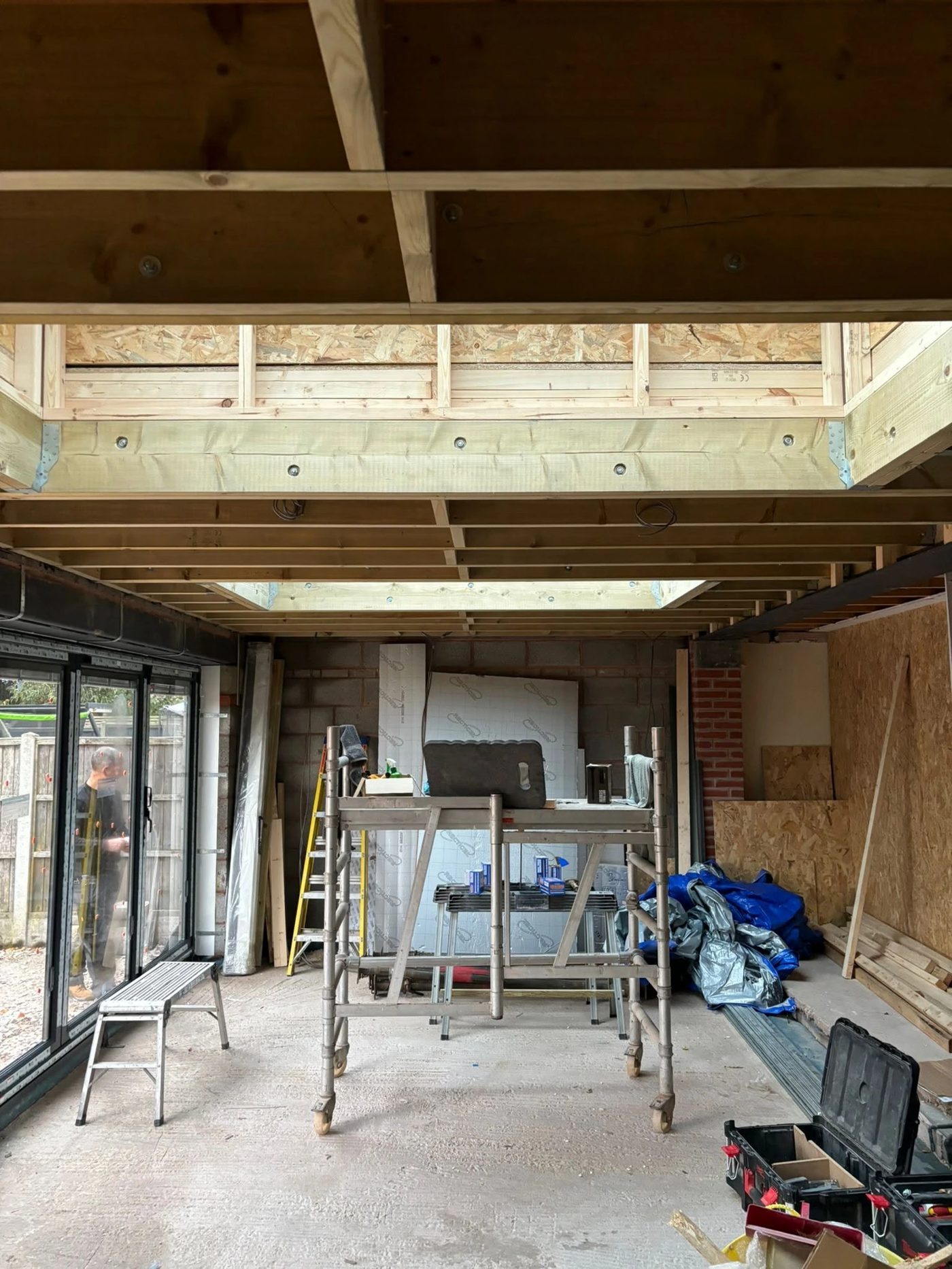 Extension interior with steel and timber joists